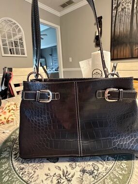 Tommy Hilfiger Classic Croc-Embossed Black Leather Tote